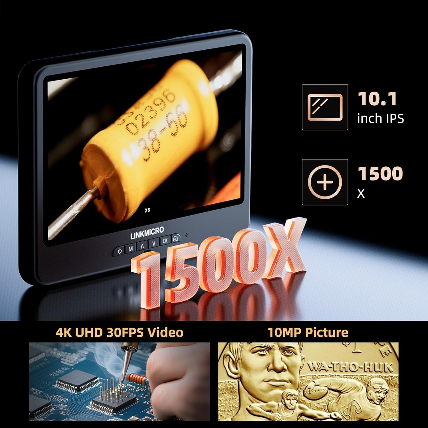 4K 30FPS HDMI 10.1'' Digital Microscope with Screen for Electronics Repair, LM208S-A 4K Soldering Microscope Camera 1500X with Flex Arm Stand, Full View Coins, 3840P Video Audio Record, 64GB