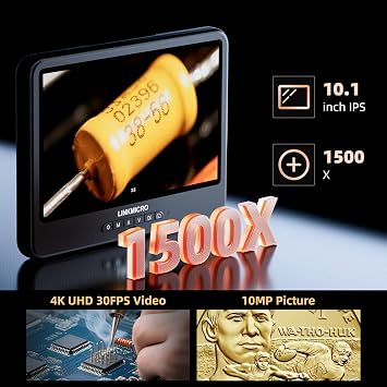 4K 30FPS HDMI 10.1'' Digital Microscope with Flex Arm Stand for Electronics, LM208S-A 4K Soldering Microscope Camera 1500X with Screen for Adults, Full View Coins, 3840P Video Audio, PC View, 64GB