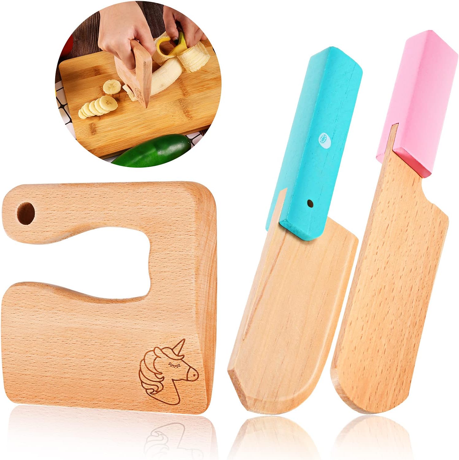 3 Pieces Wooden Kids Knife Set Wooden Kids Knife for Cooking Children's Safe Knifes Serrated Edges Kids Knife Cute Kids Shape Kitchen Tools for Cutting Veggies Fruits Salad Cake (Unicorn Style)
