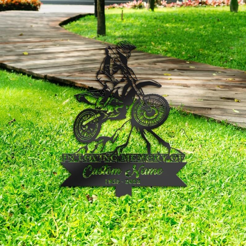 Personalized Memorial Stake for Outdoors Motocross Biker Grave Marker 8x8 inch Custom Metal Signs Motocross Biker Sympathy Gifts for Loss of Loved One (Style 11)