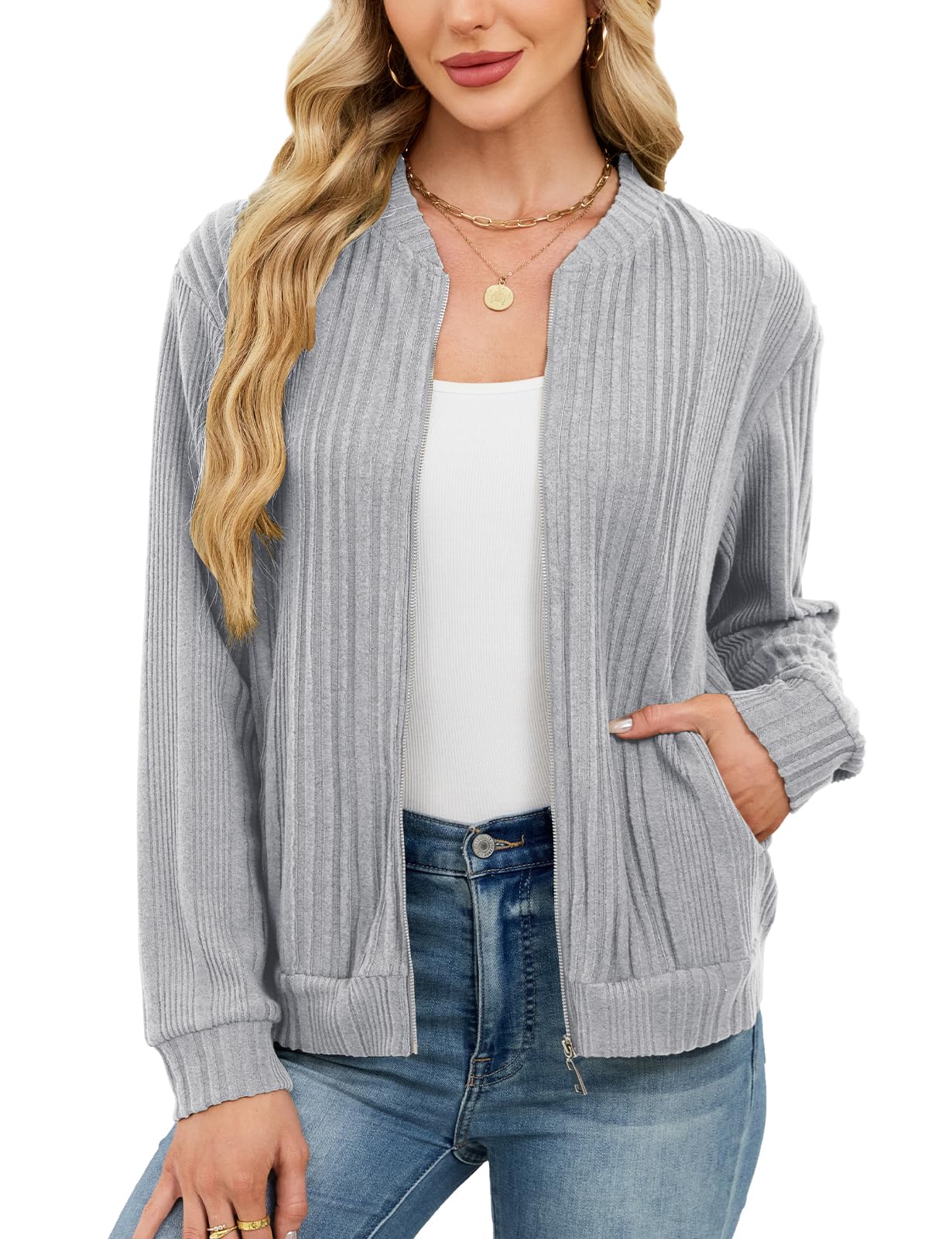 Viracy Womens Full Zip Up Cardigan Sweater Lightweight Casual Long Sleeve Jackets with Pockets
