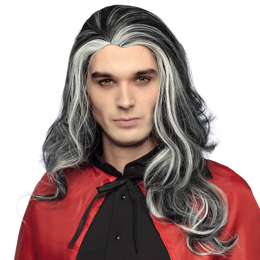 Men Vampire Louis Long Wig Black & White - Halloween Fancy Dress Accessory