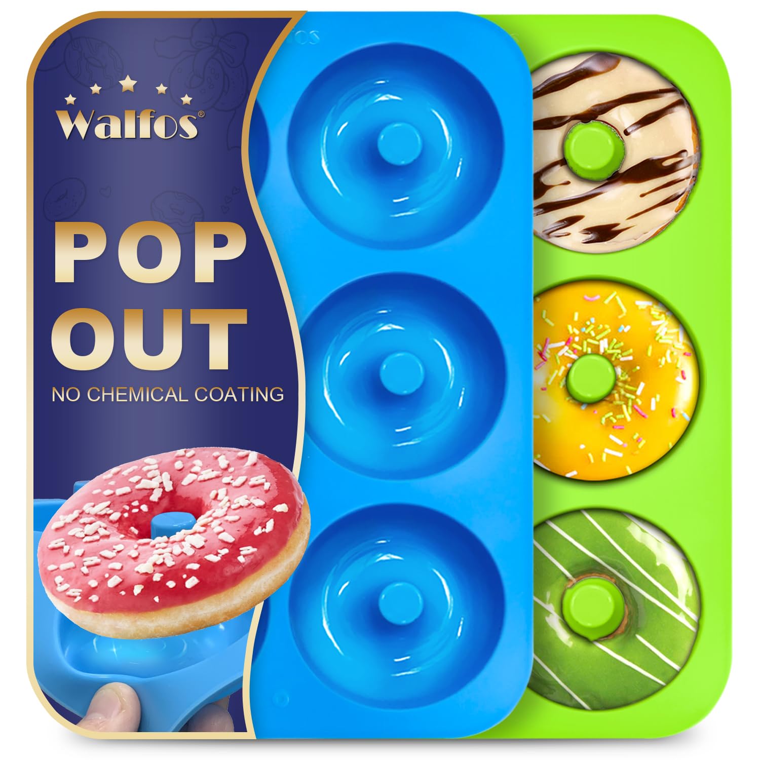 Walfos Silicone Donut Mold - Non-Stick Silicone Doughnut Pan Set, Just Pop Out! Heat Resistant, Make Perfect Donut Cake Biscuit Bagels, BPA FREE and Dishwasher Safe, Set of 2