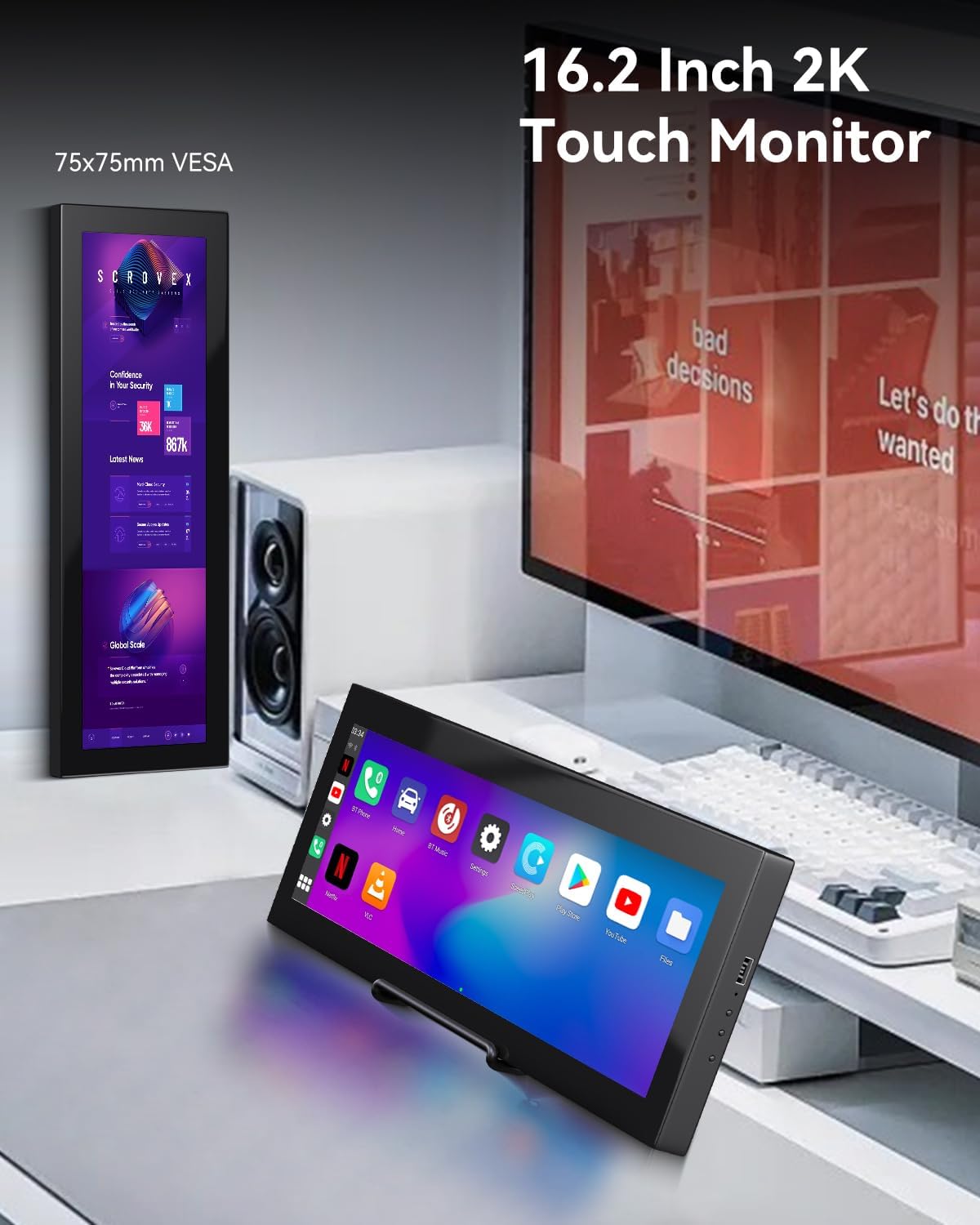 Prechen 16.2'' 2K QHD IPS 2608×720 Touchscreen Secondary Monitor, IPS Stretched Bar LCD Travel Touch Display HDMI USBC, Portable Touch Screen for Laptop Computer Windows Aida64 GPU CPU RAM Monitoring