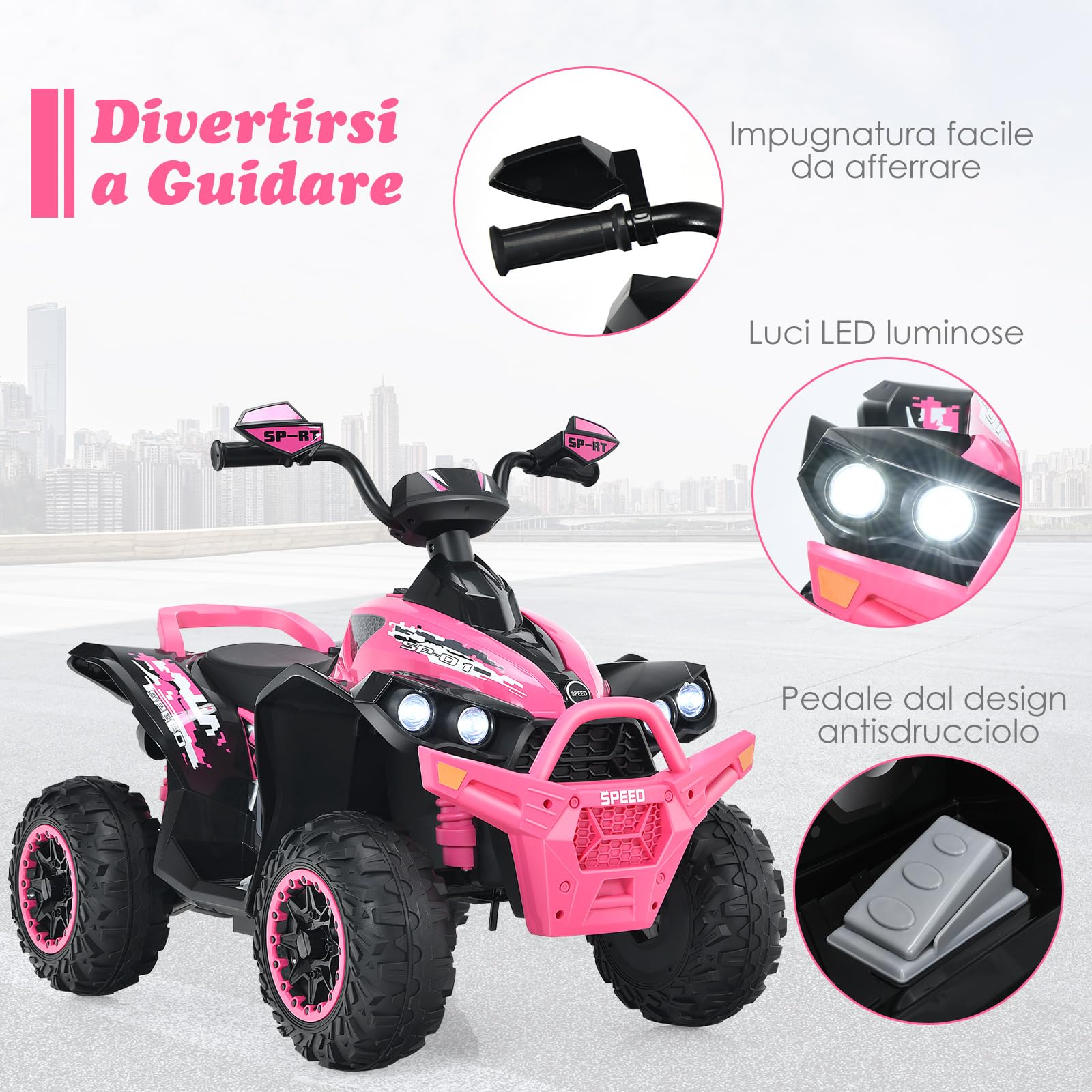 COSTWAY 12V Quad Elettrico per Bambini, Auto Cavalcabile con Luci LED Musica, 2,2-4,3 km/h, Rosa