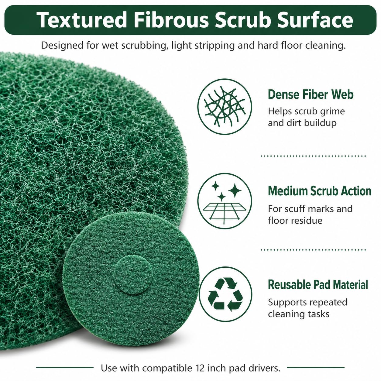 12" Green Floor Scrub Pad 437056 for Oreck Orbiter, 1 Pack | Medium green scrub pad for wet scrubbing, scuff mark cleaning and light stripping on compatible 12" floor machines