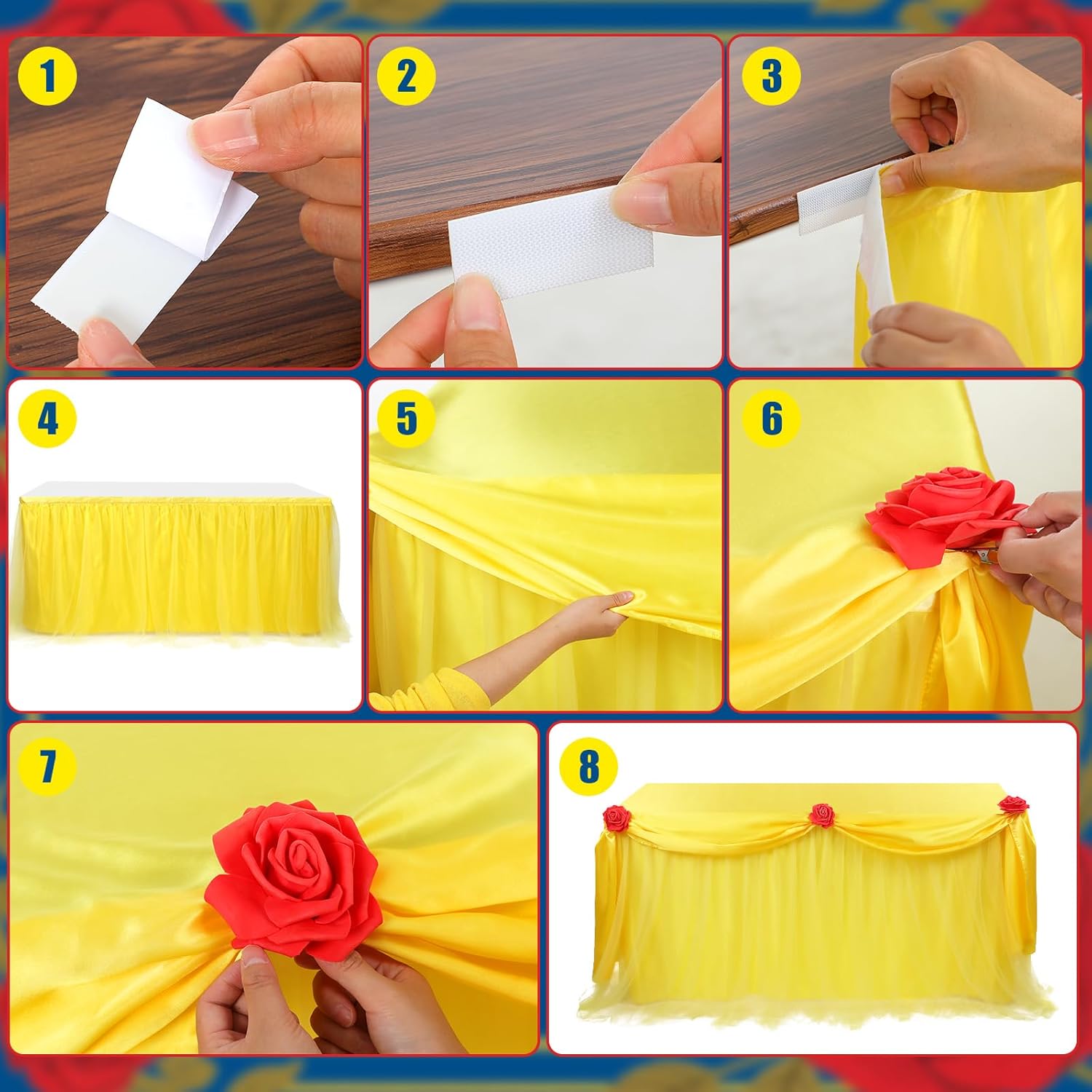 Rose Beauty Princess Party Tablecloth Golden Yellow Tulle Table Skirt 30 x 108 Inch Rose Beauty Cartoon Themed Tables Cover for Princess Birthday Party Decor Supplies