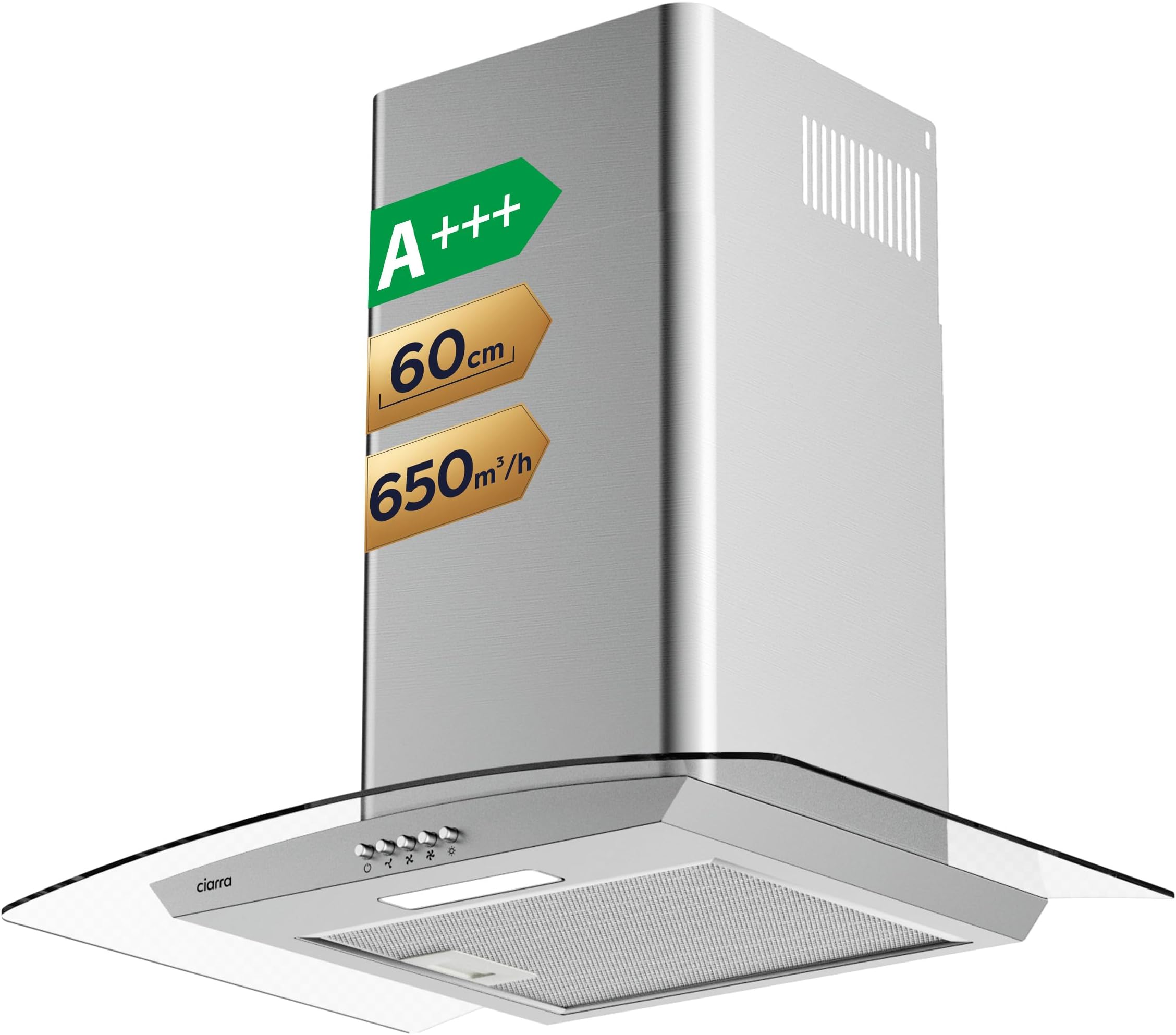CIARRA Curved Glass Cooker Hood 60cm 650 m³/h Chimney Hoods A+++