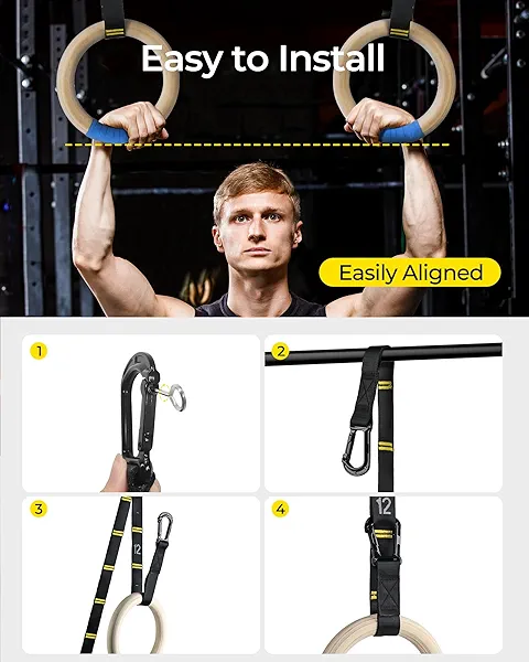 PACEARTH Gymnastics Rings 32mm Wooden Olympic Rings Support 1500lbs Locked Carabiners 9ft Double-Layer Numbered Straps Non-Slip Gym Rings with Foot Straps Door Anchor for Home Gym Full Body Workout