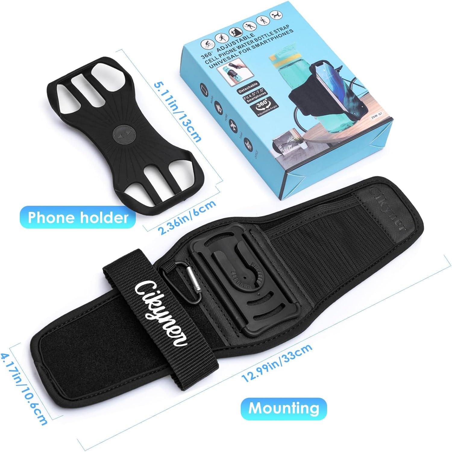 Cikyner Cinghia Bottiglia Acqua con Maniglia, 360° Girevole per Cellulare | Supporto rimovibile per bottiglie da 5-9 cm e telefoni 4,5-7". Ideale per palestra, corsa e allenamento