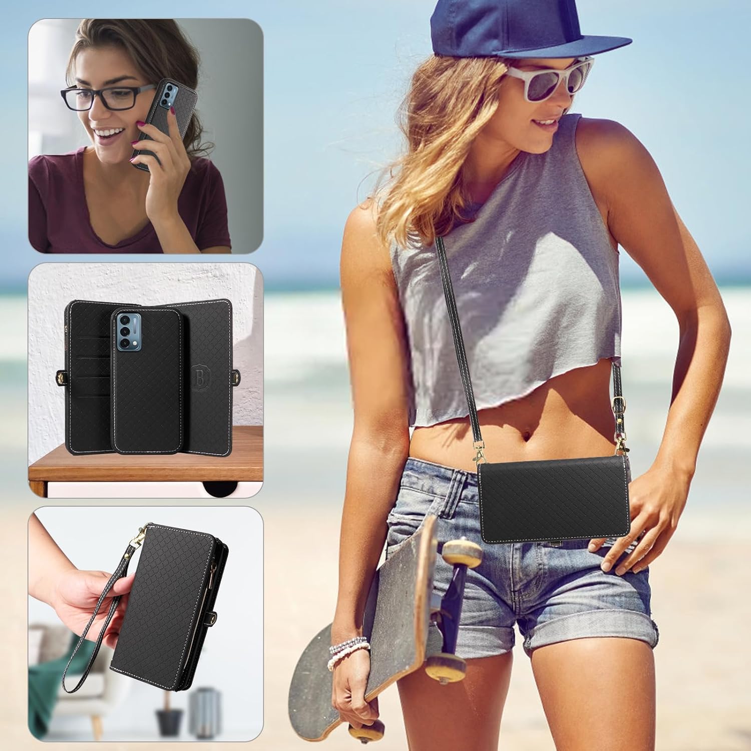 Asuwish Phone Case for OnePlus Nord N200 5G Zipper Wallet Cell Cover with Tempered Glass Screen Protector Strap Flip Card Holder One Plus N 200 G5 1 Plus 200N 1plus One+ 1+ N2005G 2021 Women Black