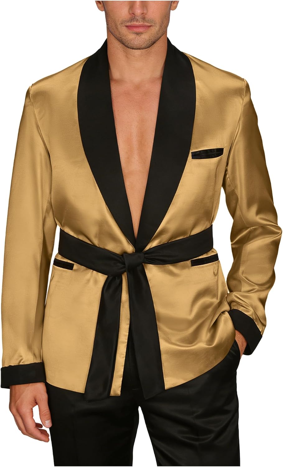 Men's Satin Smoking Jacket Robe Fully Lined House Kimono Bathrobe with Belt for Spring Summer