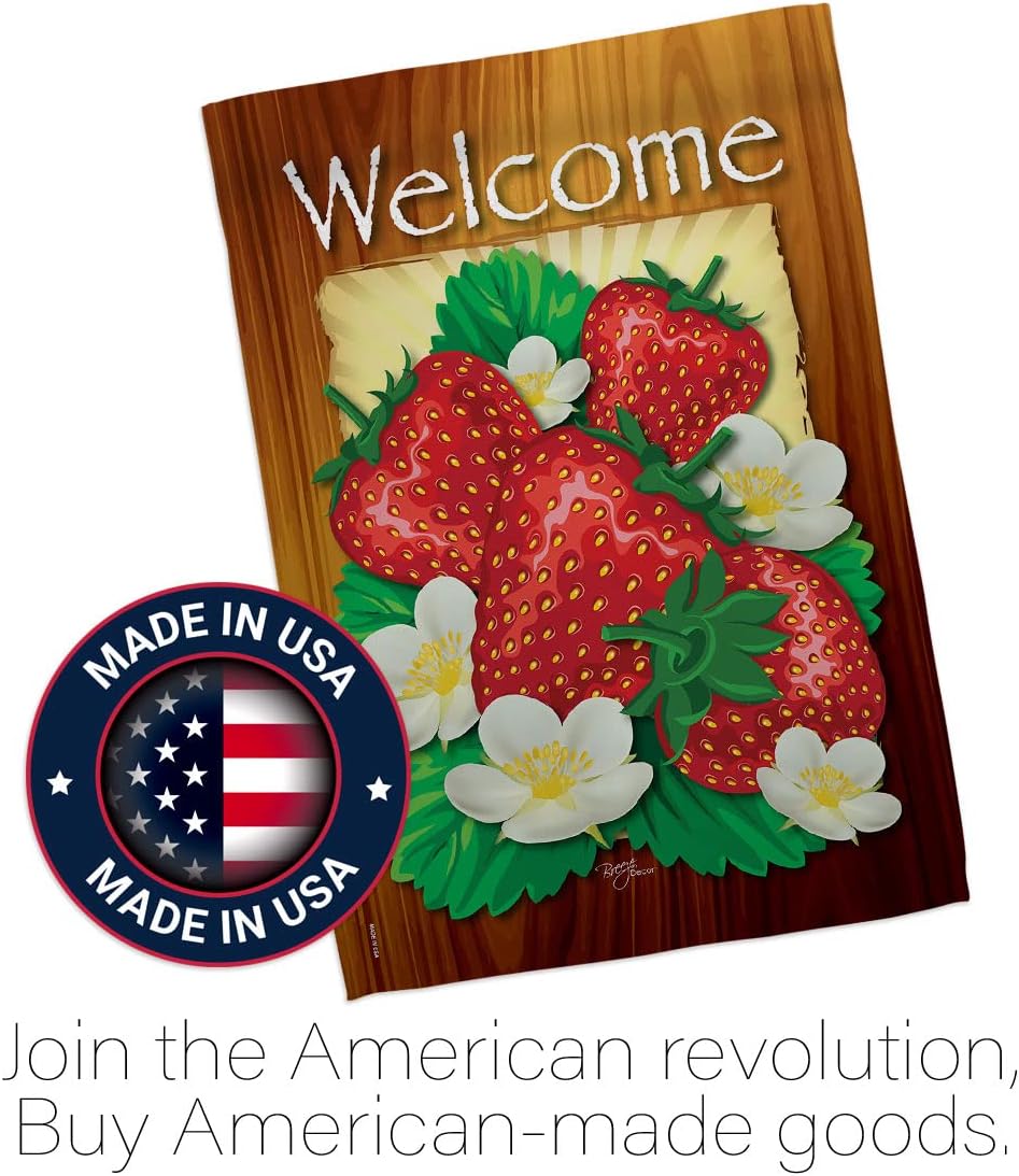 Breeze Decor - Welcome Strawberries Food - Everyday Fruits Impressions Decorative Vertical House Flag 28" x 40" Printed in USA