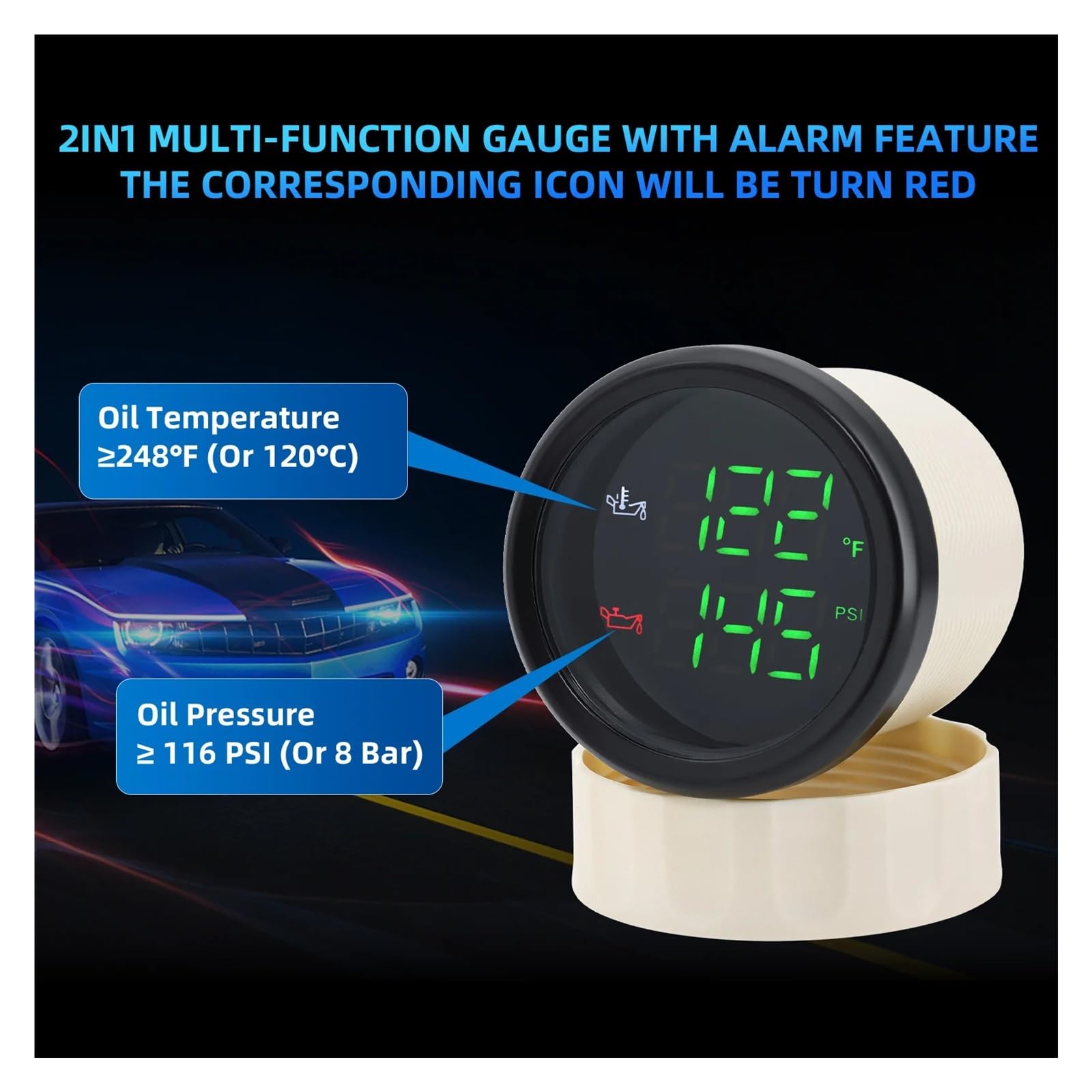 Medidor digital dual de 52 mm for automóvil, temperatura del aceite + medidor de presión de aceite con sensor de alarma, 50-150 ℃, 0-10 BAR rojo, LED verde Alta visibilidad(Green LED BS)