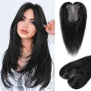 LONAI Real Human Hair Topper, 10 Inch 100％ Human Hair Toppers for Thinning Hair, Large Hand-woven area Coverage Natural Hairpiece Wiglet for Women Daily 5"x3.5" Silk Base-Natural Black