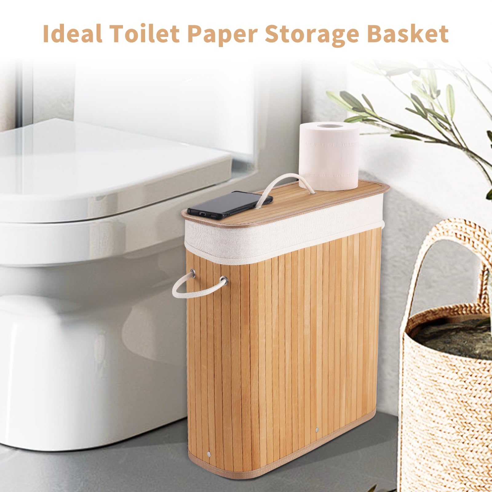 WAOHANAZ Bamboo Toilet Paper Basket, 8 Gallons (30L), Sturdy Bathroom Storage with Lid, Toilet Paper Organizer Basket for Kitchen, Toilet Paper Holder with Storage, Natural