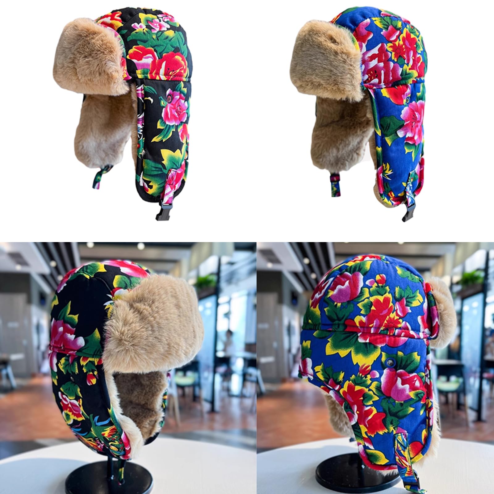 Country Floral Earflap Hat for Adult Winter Plush Liner with Ear Flap Outdoor Activity Cycling Headwear Rose Red