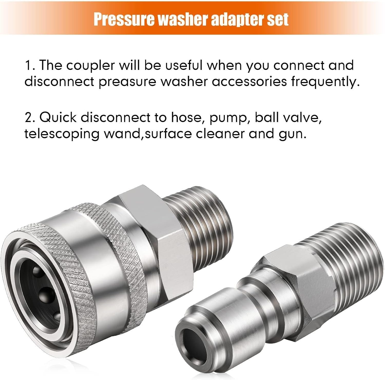 2 Sets NPT 1/4" Pressure Washer Coupler, Quick Connect Plug Pressure Washer Adapter, Stainless Steel Male and Female Pressure Washer Fittings, Pressure Washer Adapter Set (1/4 inch)