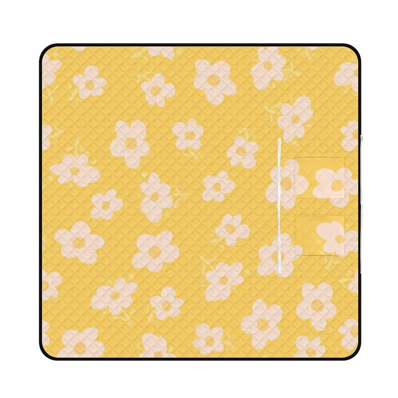 3D Stampa Amorely Yellow And White Fiori Coperta Picnic Impermeabile Stuoia Spiaggia Pieghevole Coperta Da Picnic Per Pic-nic, Spiaggia, Campeggio, Parco, Giardino, Estate 200x200cm