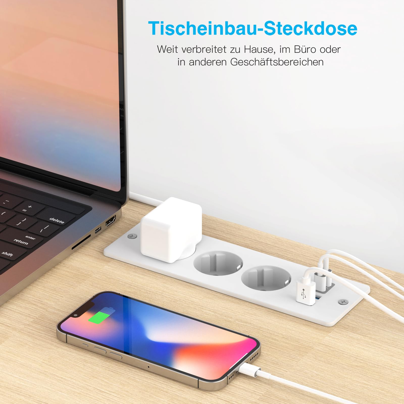 Blat wpuszczane gniazdko z 2 portami USB i 2 typami C, listwa zasilająca z 3 gniazdami do zabudowy, z kablem o długości 2 m, do mebli lub powierzchni roboczych (biała) | Listwa zasilająca z kablem 2 m, gniazdko stołowe, listwa zasilająca do mebli lub blat