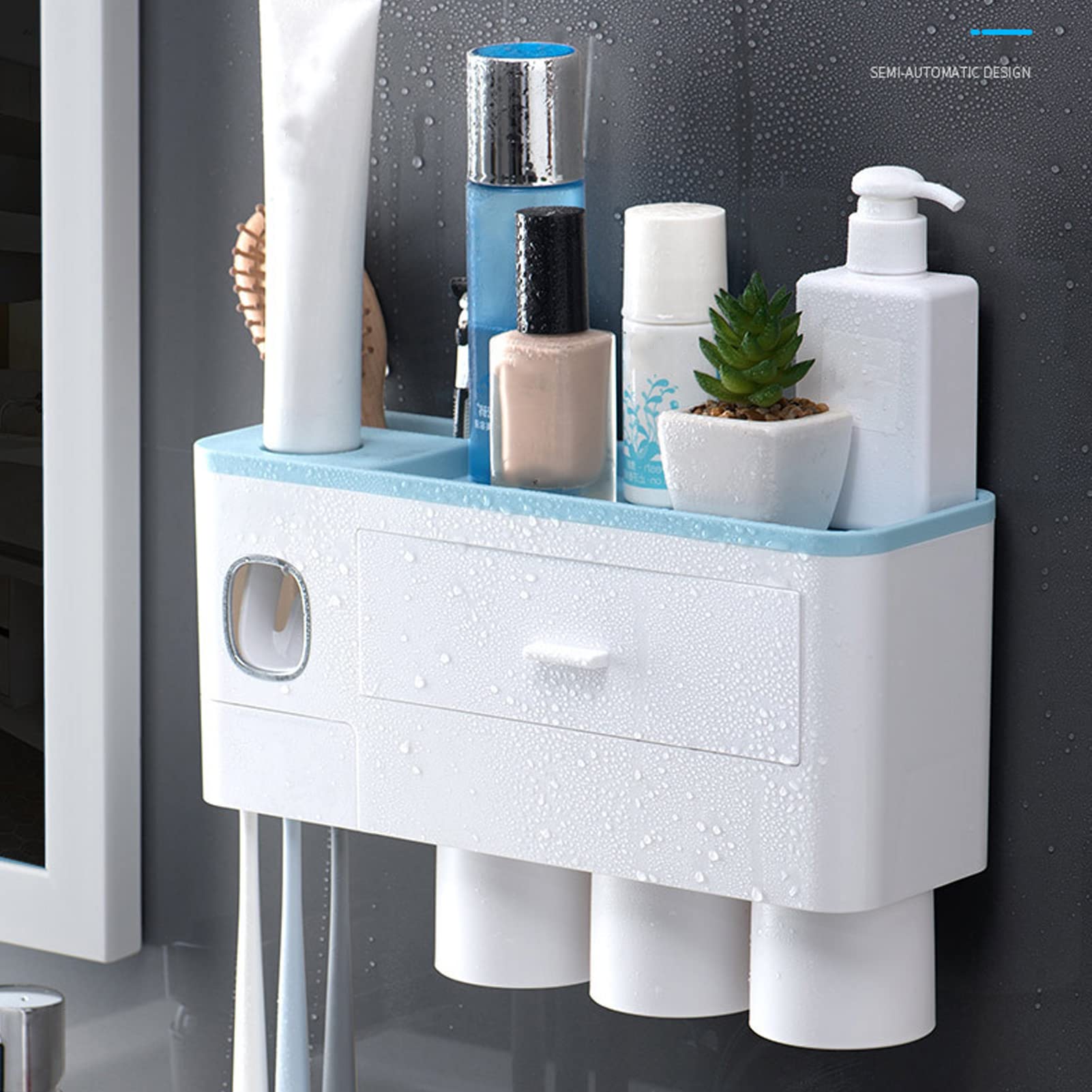 Wandmontierte Zahnbürstenhalter, Zahnbürsten-Organizer mit automatischem Zahnpasta-Quetscher-Spender für Badezimmer (DREI Tassen, Blau)