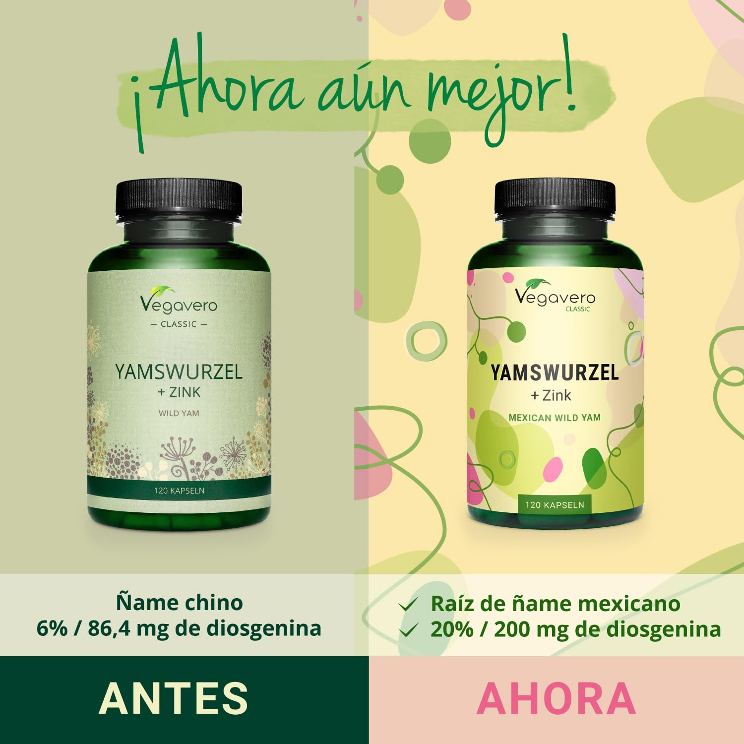 Ñame Silvestre + Zinc | 20% DIOSGENINA | 1000 mg Wild Yam | 120 Cápsulas | Sin Aditivos & Vegano | Vegavero