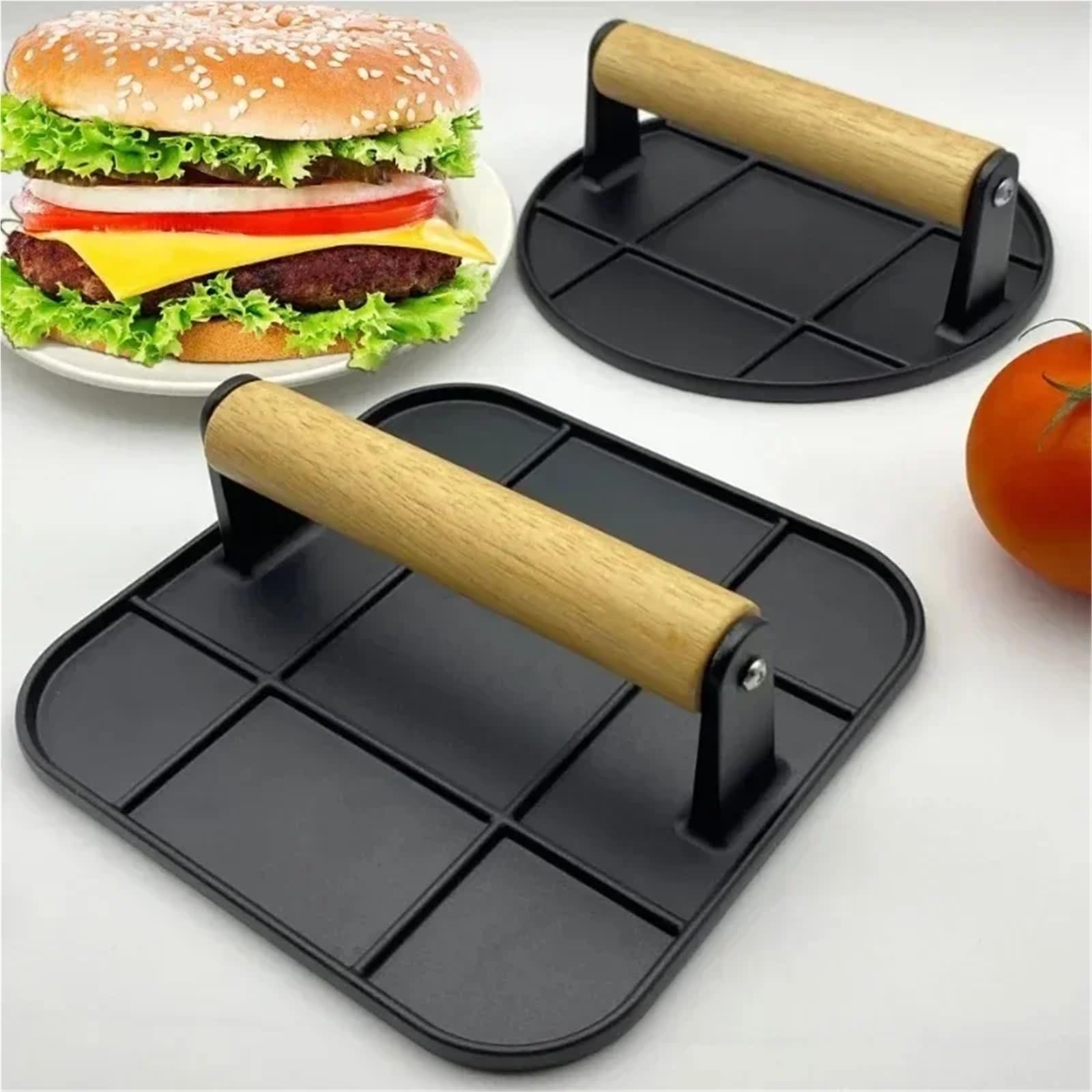 Prensa De Hamburguesas Hierro Fundido For Exteriores, Carne Antiadherente Aleación Aluminio con Mango Madera For Barbacoa En La Cocina del Hogar(Round-Black)