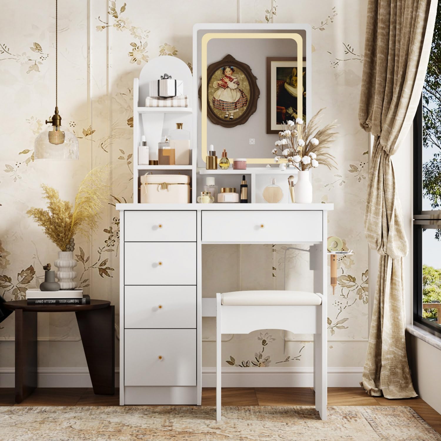 Timechee Make up Vanity Desk with Sliding Mirror and Lights,Vanity Set with Chair,Sockets,Storage Drawers,Shelves & Cushion Stool,Makeup Dressing Table with Large Lighted Mirror for Bedroom, White