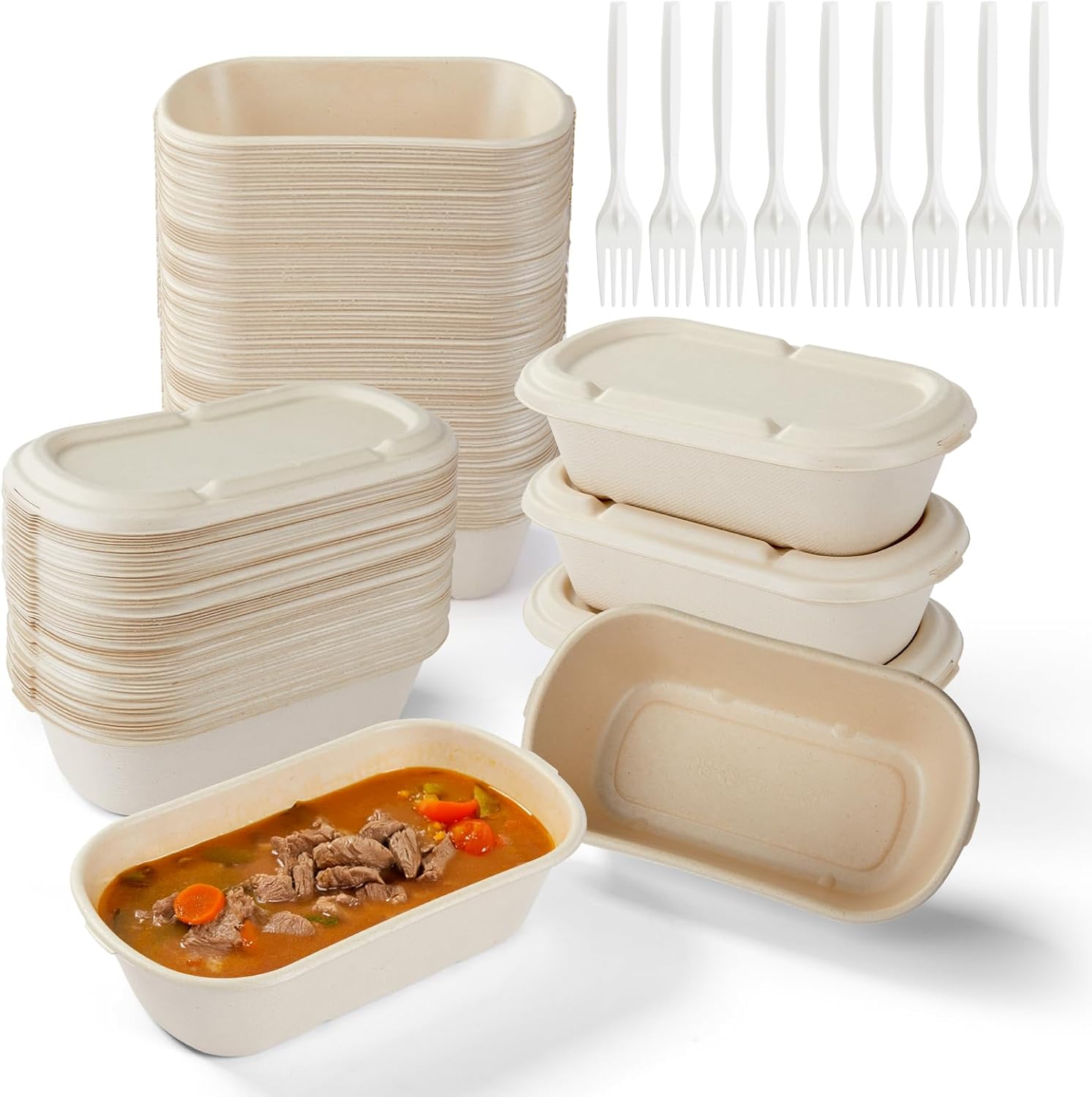 34 oz Disposable Food Containers with Lids, Upgraded Water-Coated Sugarcane Bagasse, Oil & Moisture Resistant, Microwave & Oven Safe up to 300°F, Compostable Meal Prep Boxes with 50 Cornstarch Forks