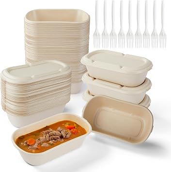 34 oz Disposable Food Containers with Lids, Upgraded Water-Coated Sugarcane Bagasse, Oil & Moisture Resistant, Microwave & Oven Safe up to 300F, Compostable Meal Prep Boxes with 50 Cornstarch Forks