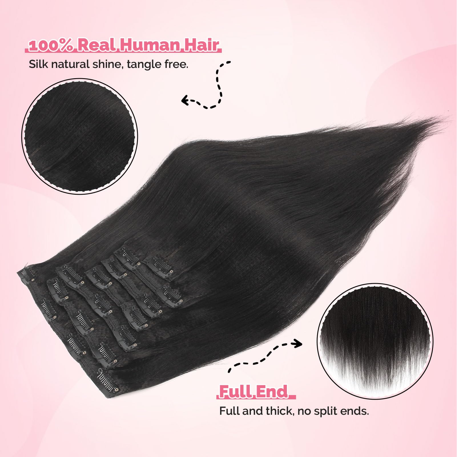 Yuniffe Yaki Straight Clip in Hair Extensions for Black Women Real Human Hair Extensions Clip ins #1B Natural Black Double Weft Remy Yaki Hair Clip ins Extensions 20 Inch 7Pcs 120g - Image 2