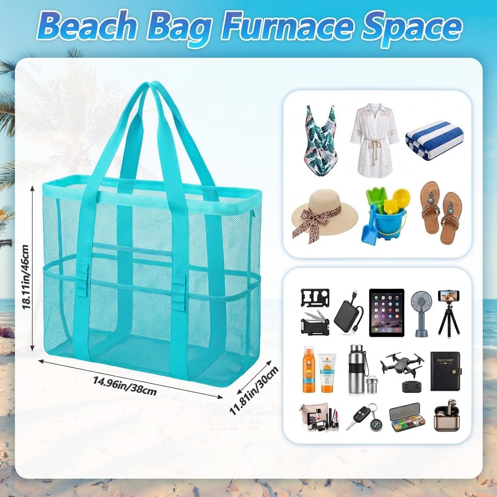 Mesh Beach Bag with Zipper, Large Mesh Beach Tote for Women, Nylon & Polyester Sandproof Beachs Bag (Green)