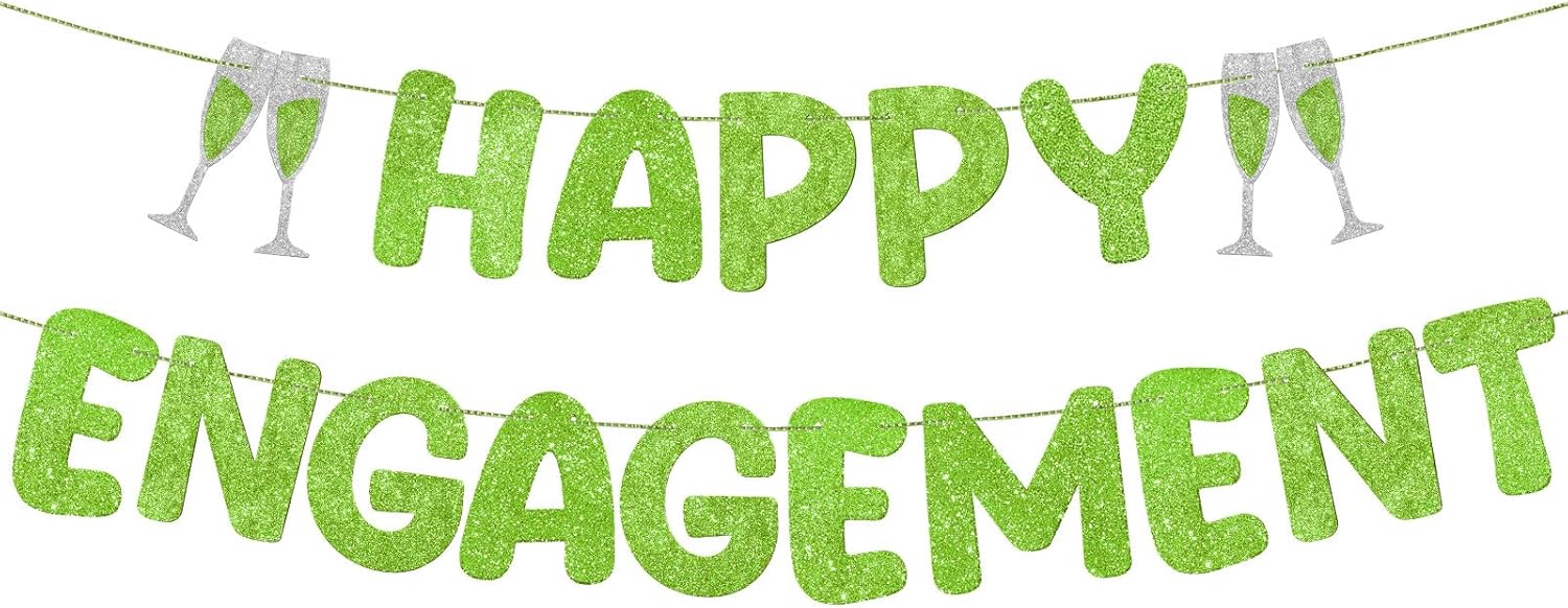 Breling Pre Strung Happy Engagement Banner Glitter Engagement Party Decorations for Congratulations Engaged Wedding Shower Signs Decor(Light Green)