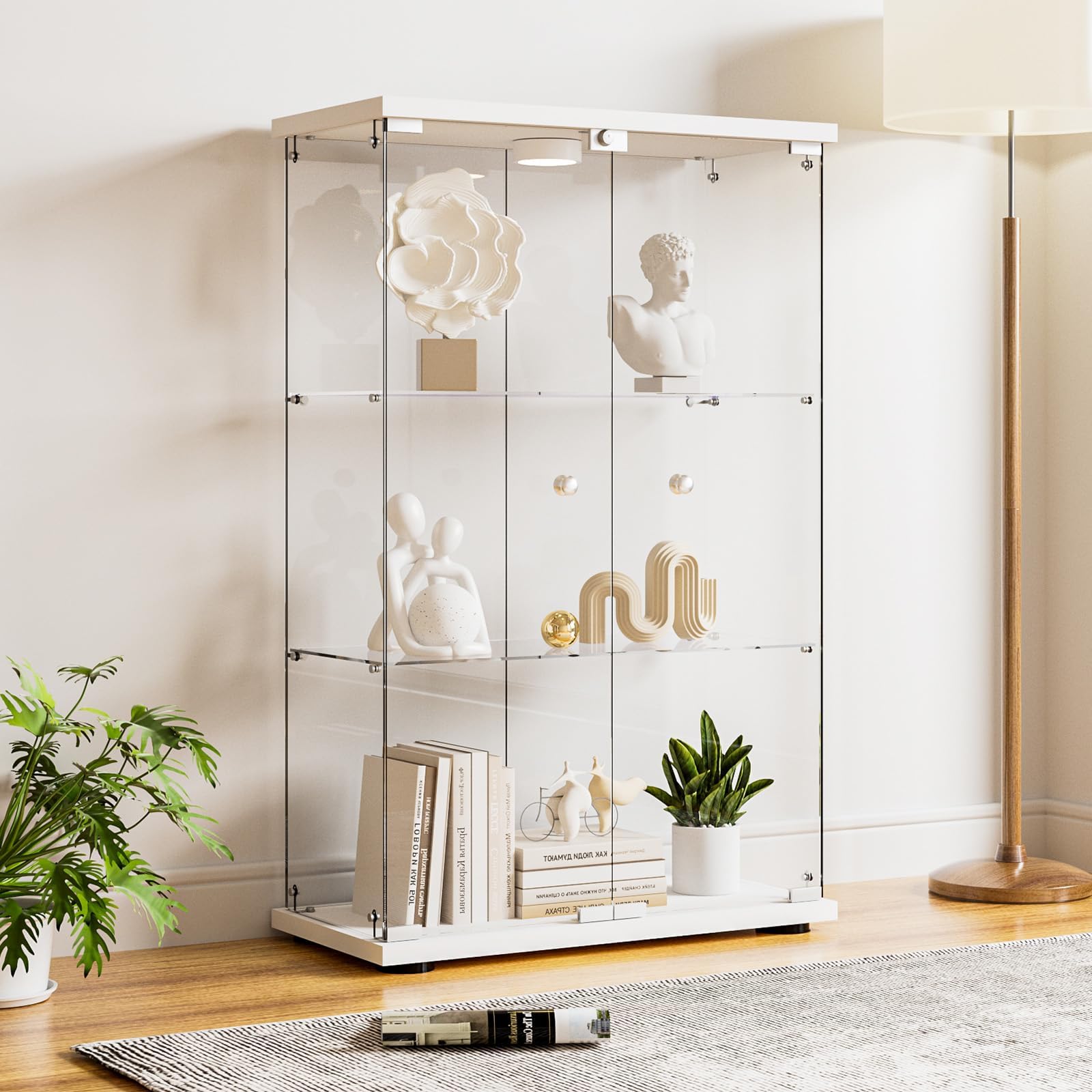 Glass Display Cabinet 3-Shelf with Door, Locking, 12-Color LED Push Lights with Remote Control,5mm Tempered Glass Floor-to-Ceiling Glass Bookcase for Bedroom, Living Room, White