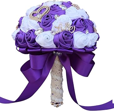 Brooch Wedding Bouquet, 8" Bridal Holding Bouquet, Bridesmaid Satin Rose Artificial Pearls Satin Ribbons Custom-Made Available Wedding Bouquet Centerpiece Arrangement, Purple+White Bouquet