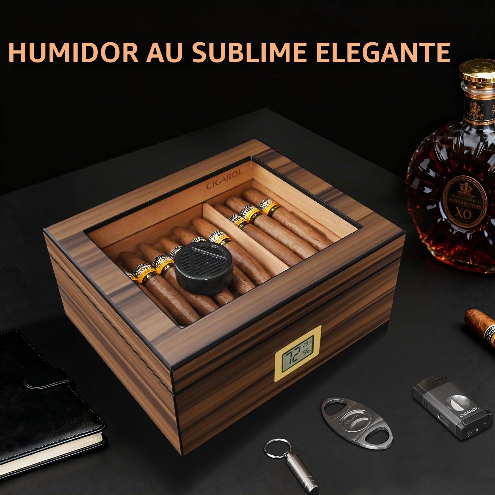Humidor Puros, Caja Puros Hecho a Mano, Humidor con Mechero, Corta Puros y Humidificador para 25-50 Puros, Grandes Regalos para Hombres (Puros No Incluidos)