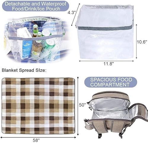 Miniatura 9 de Sunflora Mochila de picnic para 4 personas, paquete con bolsa aislante impermeable para acampar al aire libre familiar (cepillo beige + azul marino)