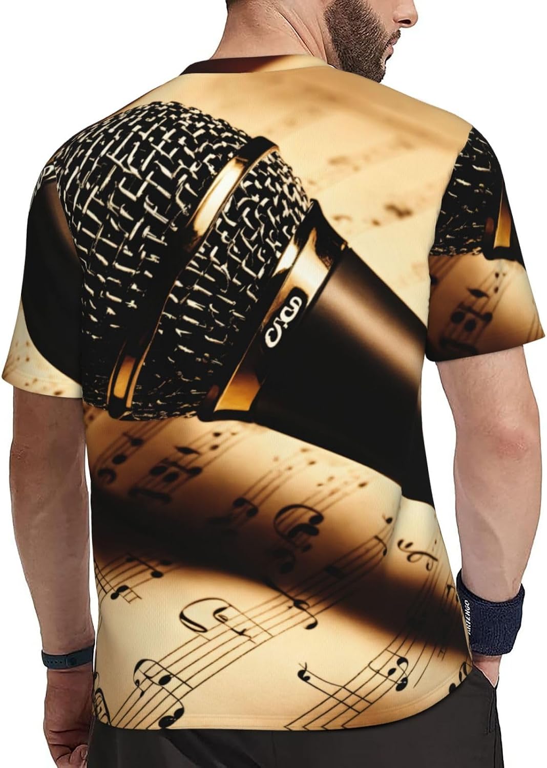 Microphone with Music Note Print Mens Short Sleeve Mesh T-Shirt Breathable Athletic Gym Running Casual Sports Wear