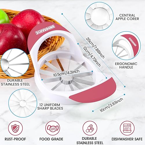 Vista 19 de SCHVUBENR Cortador de manzana grande de 4.72 pulgadas con 12 cuchillas, cortador profesional de manzana, descorazonador de manzana de acero Rojo