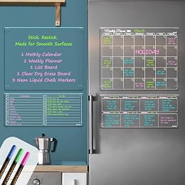Clear Non-Magnetic Calendar Set for Fridge - Dry Erase Transparent Monthly and Weekly Calendar, List and Blank Whiteboard - Sticks to Wall, Glass, Door, Any Smooth Surfaces