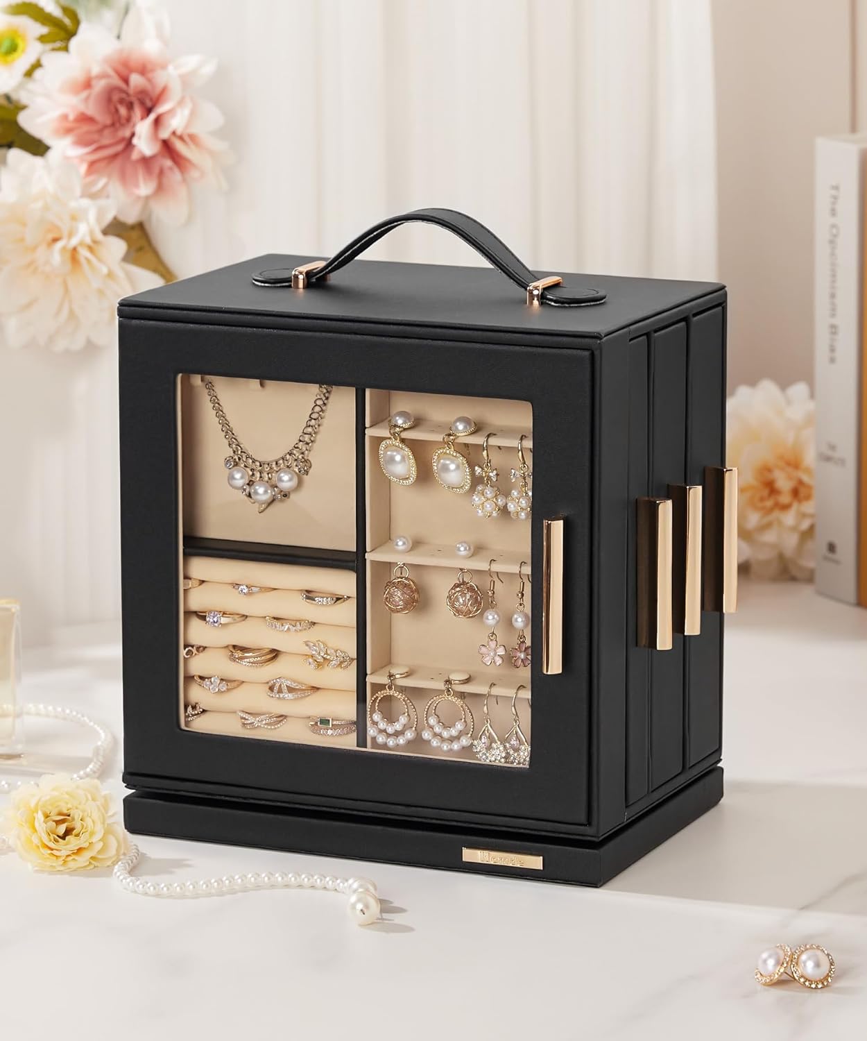 Homde Valentine's Day gifts Jewelry Box 360° Rotating, Necklace Earring Organizer with Transparent Window, Mirror, 7 Drawers, Large Ring Display Storage Case for Girls Women (Black) - Image 2
