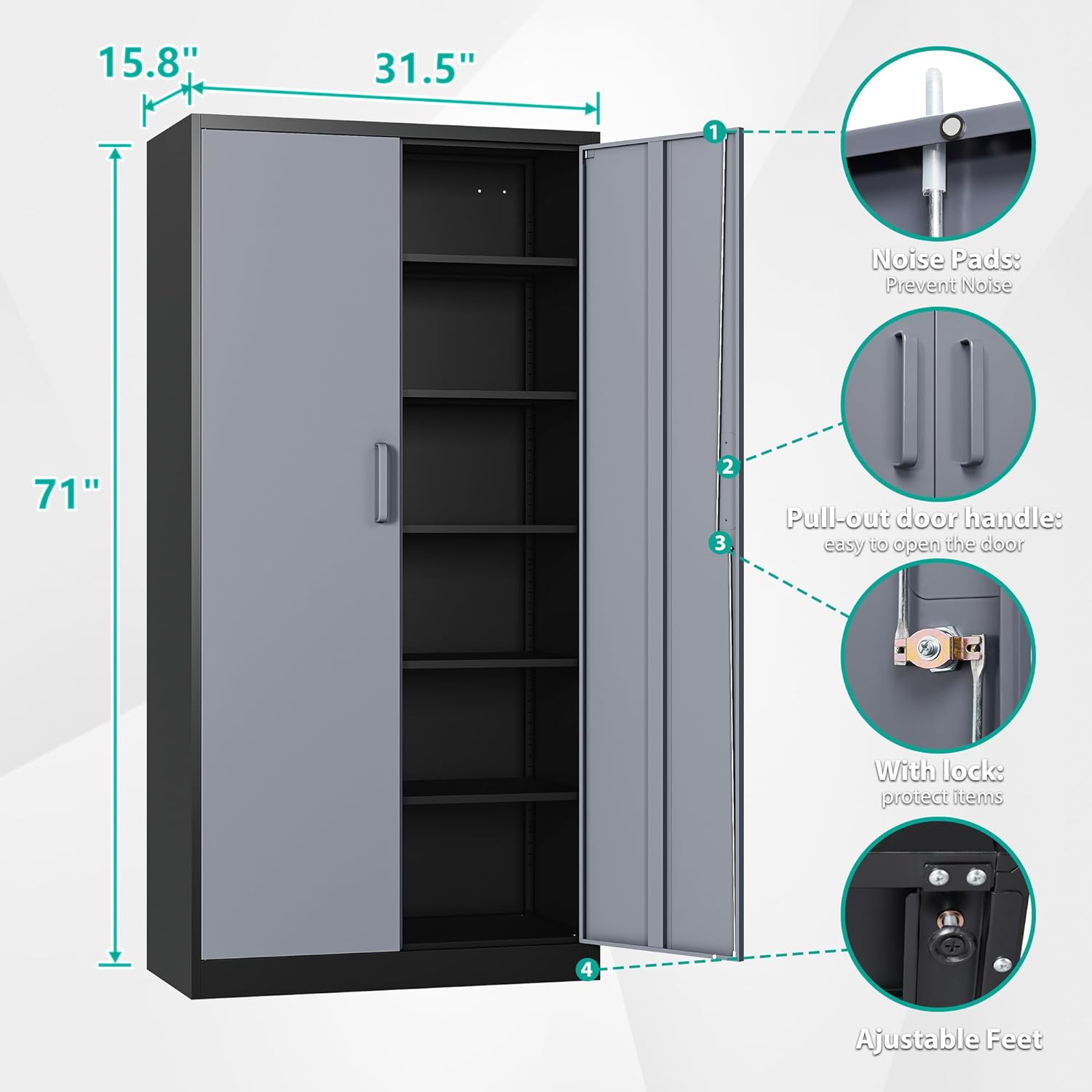 Cabinet with adjustable shelves, showing items of different sizes stored