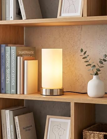 HSLighting Bedside Lamps Touch Control Night Light with Silver Metal Base White Glass Shade 3-Level Dimmable Desk Lamp Minimalist Table Lamp for Bedroom Living Room Children's Room Decor [Energy Class F]