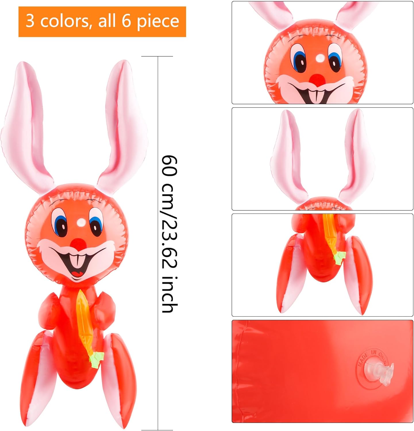 6 Pcs 23.6 Inch Easter Bunny Inflatable Toys Blow Up Easter Bunny with Carrot Balloon Inflatable Rabbit Decor for Party Basket Fillers Egg Hunt Supplies