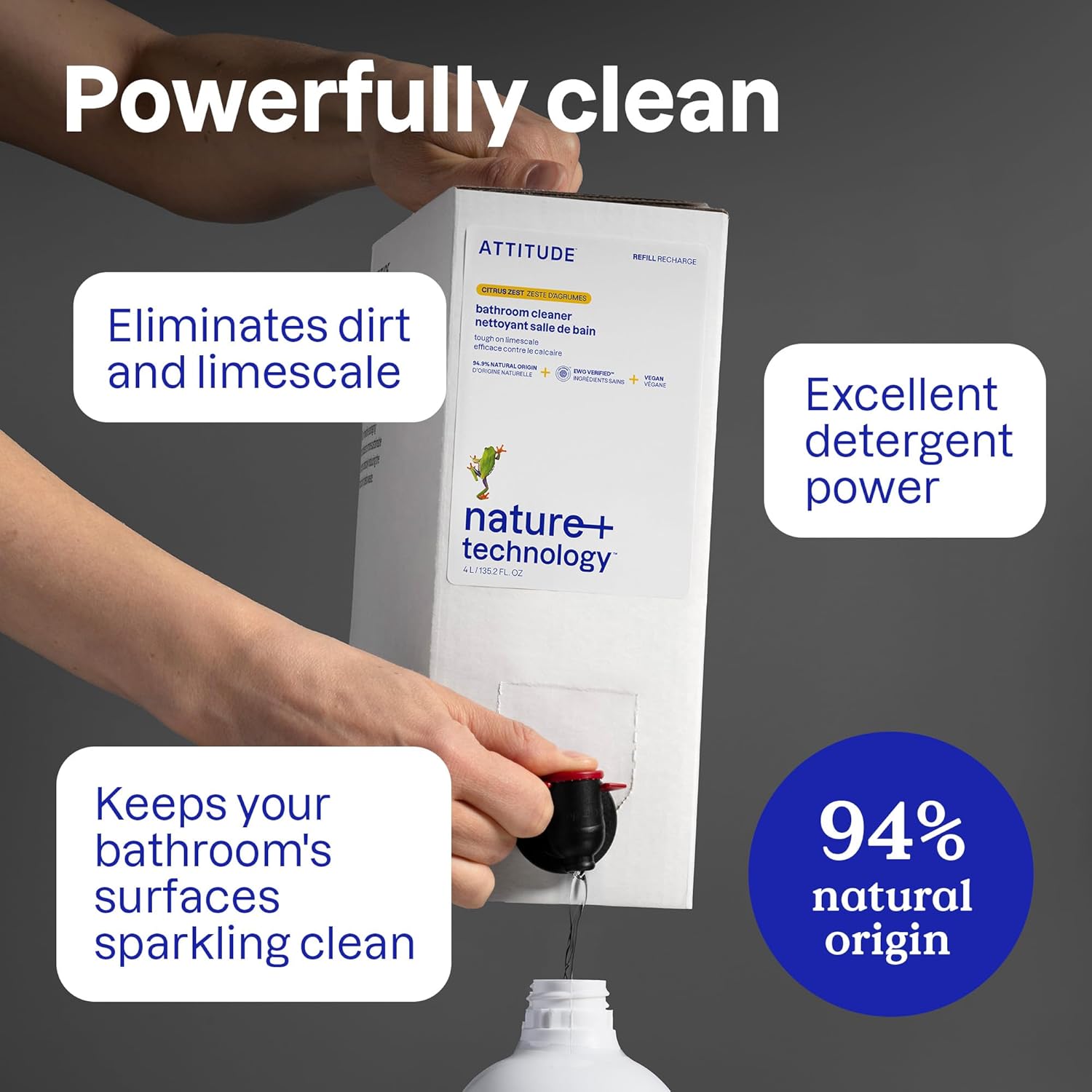 ATTITUDE Bathroom Cleaner Spray Refill, EWG Verified, Plant-Based & Vegan, Safe for Bathroom Surfaces, Tiles, Tubs, Shower Walls, and Grout, Citrus Zest Scent, 135.26 Fl Oz - Image 3