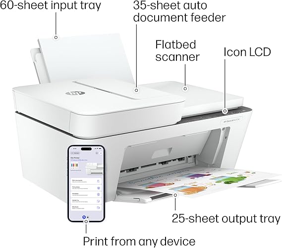 طابعة نفث الحبر الملونة اللاسلكية HP DeskJet 4255e الكل في واحد، ماسح ضوئي، ناسخة، الأفضل للمنزل، قادرة على 2.4 جيجا هرتز. مُمكّن بالذكاء الاصطناعي (588S6A)