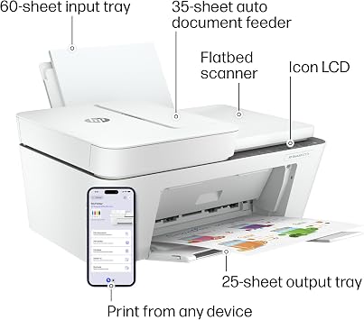 طابعة نفث الحبر الملونة اللاسلكية HP DeskJet 4255e الكل في واحد، ماسح ضوئي، ناسخة، الأفضل للمنزل، قادرة على 2.4 جيجا هرتز. مُمكّن بالذكاء الاصطناعي (588S6A)