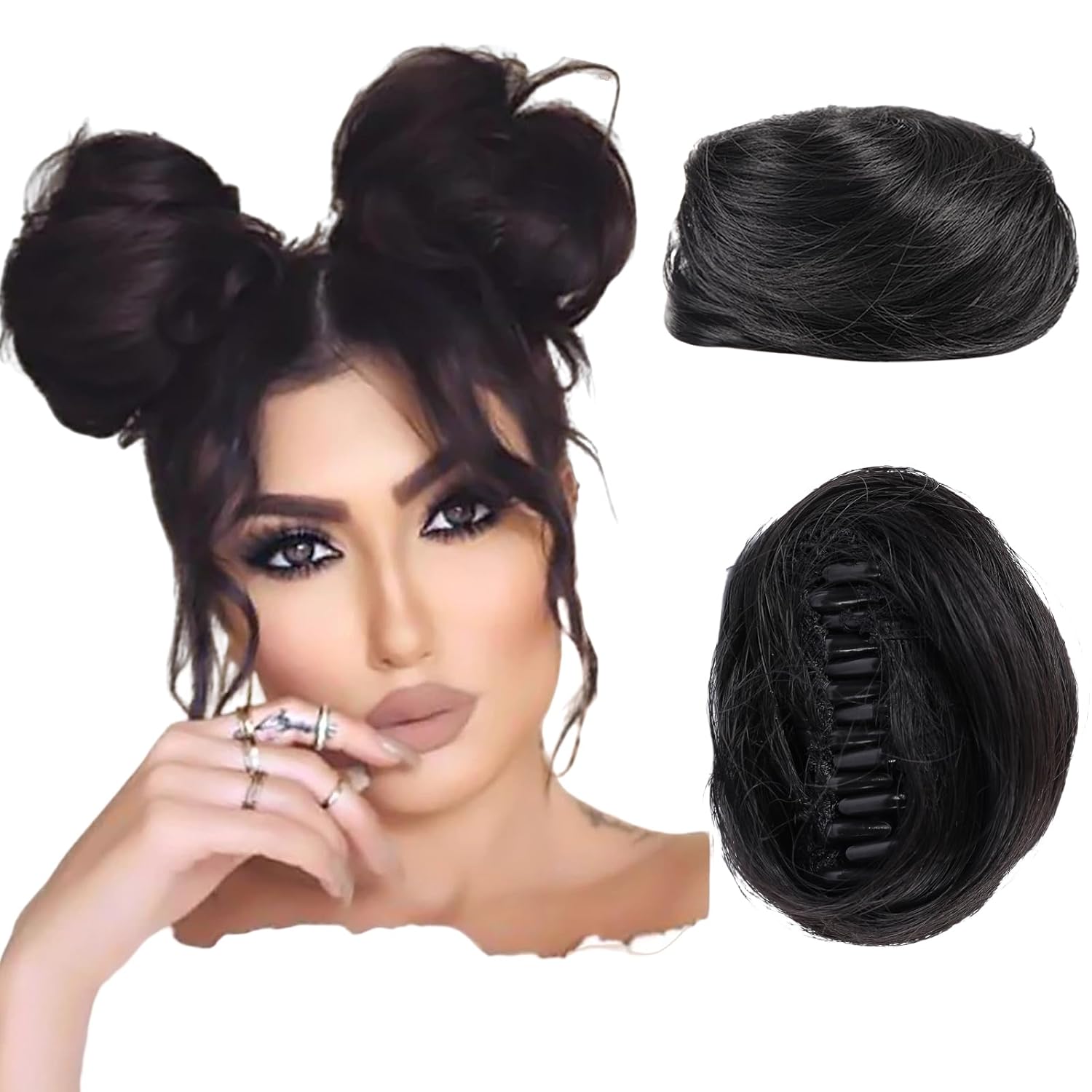2Pcs Mini Claw Fake Space Hair Bun Clip in Messy Bun Synthetic Hair Chignon Donut Hair Bun Extensions Wig Accessory Ponytail Updo Hair Pieces for Women Girls and Kids (black)