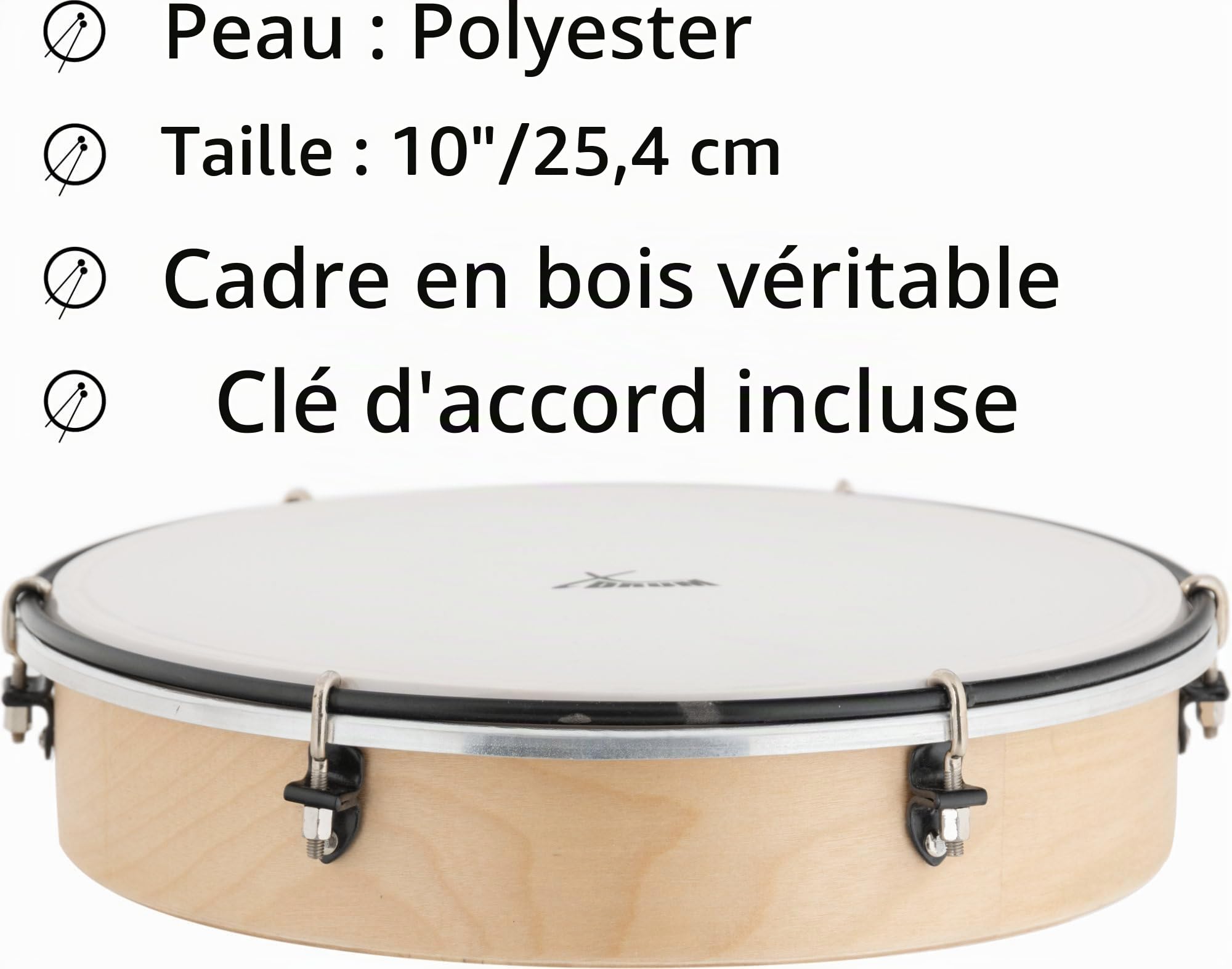 XDrum HTM-10K Tambourin 10" avec Peau Synthétique, Diamètre: 10" (25 | 4 cm), Peau en polyester robuste, Cadre en érable, 6 crochets de tension pour accorder le tambourin, Poignée ergonomique