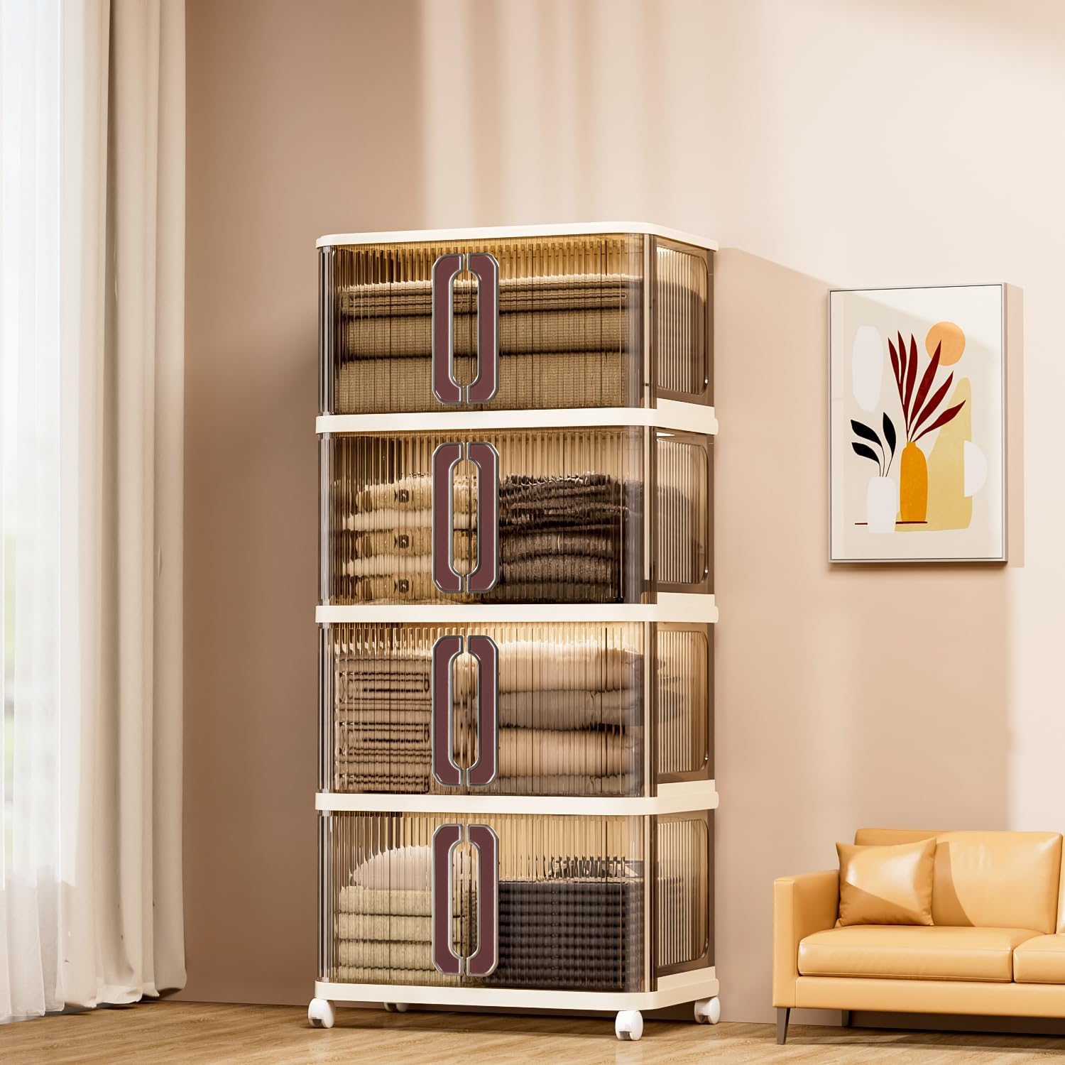 219Qt Plastic Storage Bins with Lid, Stackable Storage Bins with Wheels & Sliding Door, Collapsible Storage Bins for Closet Organizers and Storage, Storage Box for Home and Office, 4Pack, Coffee